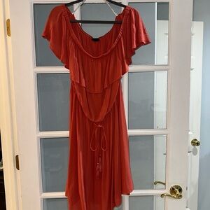 City Chic Plus Size M 18 Mini Dress Orange Belted Ruffle On Off Shoulder Stretch